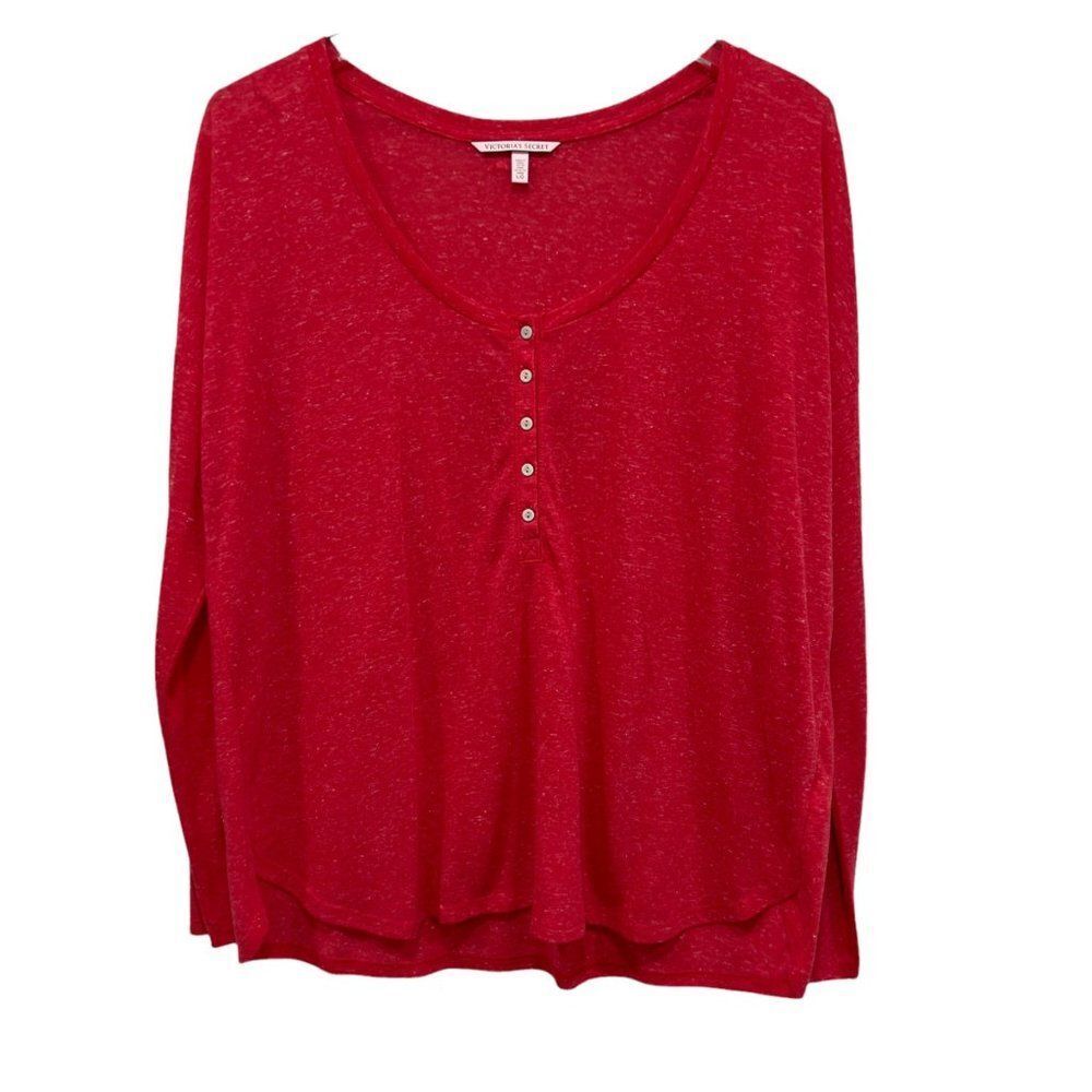 Victoria's Secret Size L Red Henley Top Scoop Neck Long Sleeves Flax Blend